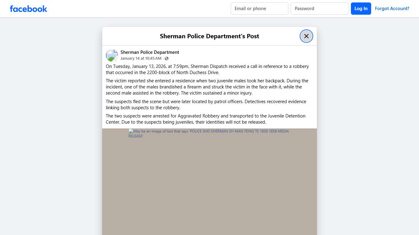 On Tuesday, January 13, 2026,... - Sherman Police Department Facebook