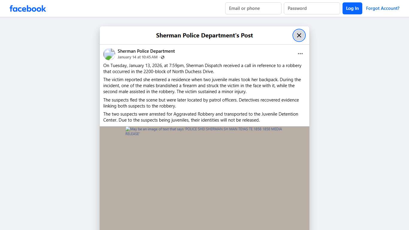 On Tuesday, January 13, 2026,... - Sherman Police Department Facebook
